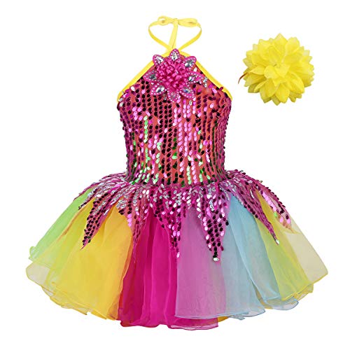 YOOJIA Mädchen Tanzkleid Pailletten Balletttrikot Neckholder Prinzessin Kleid Tanzbody Ballettkleid Mit Blumen Rollschuhkleid Dancewear Bunt 122-128 von YOOJIA