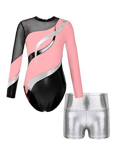 YOOJIA Mädchen Turnanzug Turnshorts Haarband Set Kinder Gymnastik Langarm Gymnastikanzug Tanzen Kleidung 5-14 Jahre Rosa und Silber 158-164 von YOOJIA