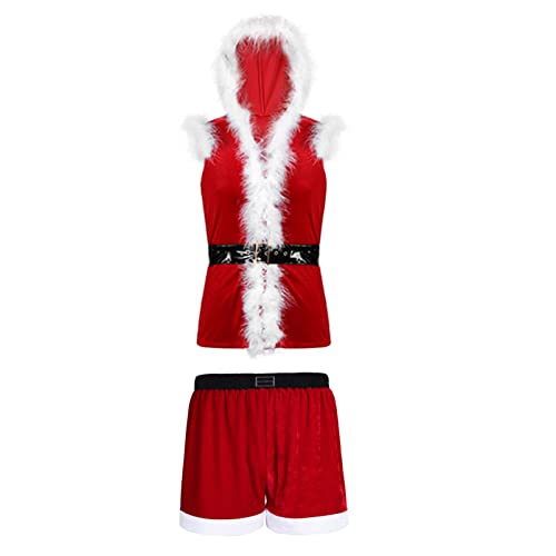 YOOJIA Weihnachtsmann Kostüm Herren Samt Hemd Shorts Weihnachten Party Kostüm Outfits Rundhals Kurzarm Unterhemd Retroshorts Clubwear Rot A XXL von YOOJIA