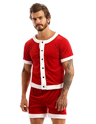 YOOJIA Weihnachtsmann Kostüm Herren Samt Hemd Shorts Weihnachten Party Kostüm Outfits Rundhals Kurzarm Unterhemd Retroshorts Clubwear Rot M von YOOJIA