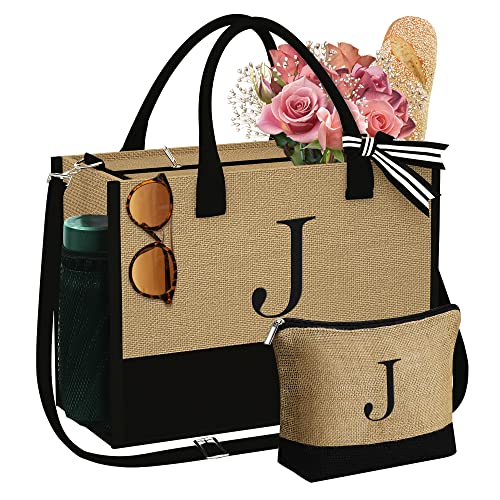 YOOLIFE Initiale Jute-Tragetasche mit Make-up-Tasche, Strandtasche mit Reißverschluss, verstellbarer Riemen, Muttertag, Geburtstag, Geschenke für sie, gelb von YOOLIFE