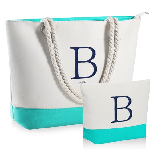 YOOLIFE Leinen-Strandtasche und Make-up-Tasche mit Reißverschluss, Reisezubehör, personalisiertes Geburtstagsgeschenk für Frauen und sie, Blau, X-Large, B von YOOLIFE