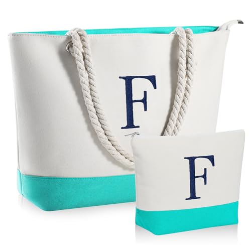 YOOLIFE Leinen-Strandtasche und Make-up-Tasche mit Reißverschluss, Reisezubehör, personalisiertes Geburtstagsgeschenk für Frauen und sie, Blau, X-Large, F von YOOLIFE