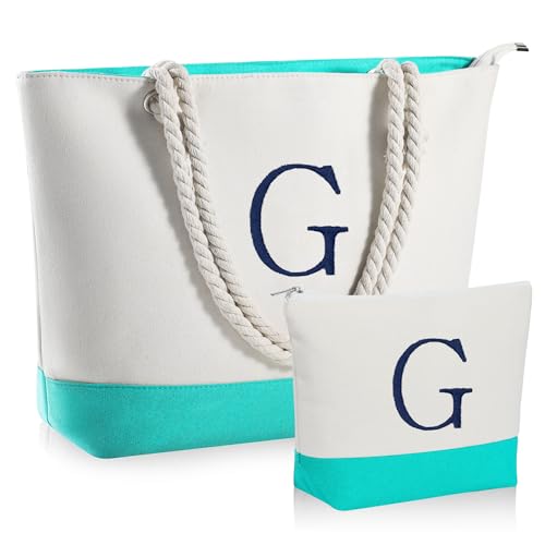 YOOLIFE Leinen-Strandtasche und Make-up-Tasche mit Reißverschluss, Reisezubehör, personalisiertes Geburtstagsgeschenk für Frauen und sie, Blau, X-Large, G von YOOLIFE