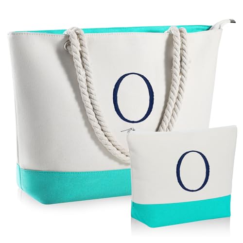 YOOLIFE Leinen-Strandtasche und Make-up-Tasche mit Reißverschluss, Reisezubehör, personalisiertes Geburtstagsgeschenk für Frauen und sie, Blau, X-Large, O von YOOLIFE