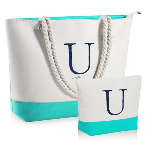 YOOLIFE Leinen-Strandtasche und Make-up-Tasche mit Reißverschluss, Reisezubehör, personalisiertes Geburtstagsgeschenk für Frauen und sie, Blau, X-Large, U von YOOLIFE