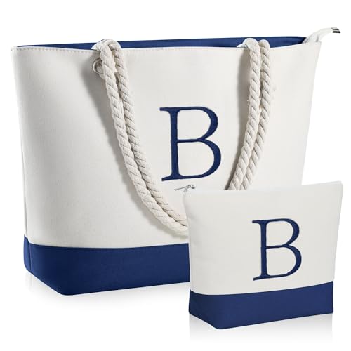 YOOLIFE Leinen-Strandtasche und Make-up-Tasche mit Reißverschluss, Reisezubehör, personalisiertes Geburtstagsgeschenk für Frauen und sie, Marineblau, X-Large, B von YOOLIFE