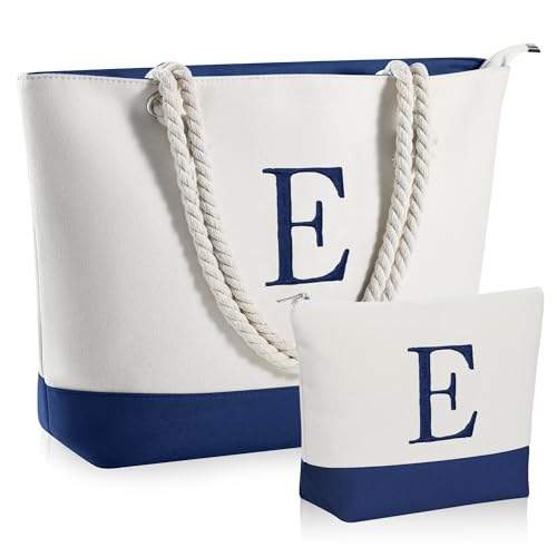 YOOLIFE Leinen-Strandtasche und Make-up-Tasche mit Reißverschluss, Reisezubehör, personalisiertes Geburtstagsgeschenk für Frauen und sie, Marineblau, X-Large, E von YOOLIFE