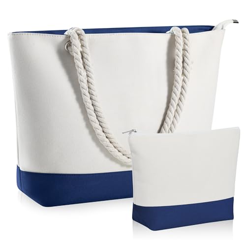 YOOLIFE Leinen-Strandtasche und Make-up-Tasche mit Reißverschluss, Reisezubehör, personalisiertes Geburtstagsgeschenk für Frauen und sie, Marineblau, X-Large, Einfarbig von YOOLIFE