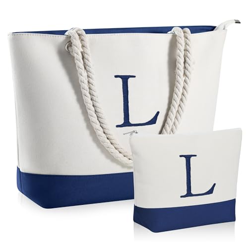 YOOLIFE Leinen-Strandtasche und Make-up-Tasche mit Reißverschluss, Reisezubehör, personalisiertes Geburtstagsgeschenk für Frauen und sie, Marineblau, X-Large, Größe L: von YOOLIFE