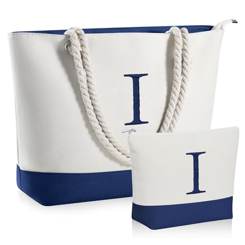 YOOLIFE Leinen-Strandtasche und Make-up-Tasche mit Reißverschluss, Reisezubehör, personalisiertes Geburtstagsgeschenk für Frauen und sie, Marineblau, X-Large, I von YOOLIFE