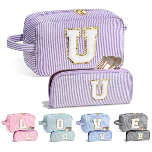 YOOLIFE Personalisierte Große Nette Rosa Make-up Tasche - Initiale Kosmetik Reisetasche Große Kulturbeutel Wasserdichte Monogramm Geschenke Frauen für Sie Birthda, Lila-Upgrade, U von YOOLIFE