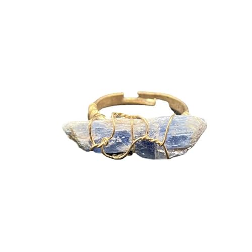 Natürlicher Kyanitring - unregelmäßiger blauer Kristallstein mit handgewickeltem Seidendesign von YOPI