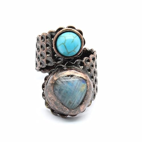 Naturstein Retro Liebe Breitkrempig Offener Ring - Feldspatblau Türkis Einstellbarer Schmuck, One Size von YOPI