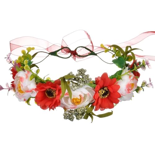 Stirnband mit Blumenkranz for Brautjungfern, verstellbare Muschel-Kopfbedeckung for Urlaub und besondere Anlässe(Rot) von YOPI
