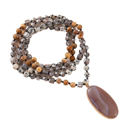 YOPI 6 mm Natursteinperlen mit Wassertropfen-Anhänger, Lange Halskette for Damen – stilvolle Pulloverkette aus Kristall(Nx10-10brown) von YOPI