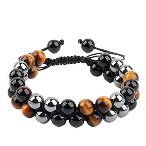 YOPI 8MM Naturstein verstellbares Doppelschichtarmband handgewebter Perlenschmuck for Männer und Frauen(SILVER PLATED) von YOPI