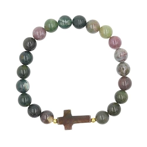 YOPI Armband aus 9 mm großen Kristallsteinperlen mit Kreuzanhänger – handgefertigter Perlenschmuck for Männer und Frauen(Indianagate) von YOPI