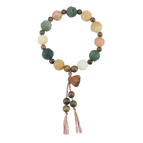 YOPI Armband aus natürlichen weißen Jade-Bodhi-Wurzeln mit Lotus-Schnitzereien – Duobao-Armband mit reichhaltigen Blumen im nationalen Stil for Damen(Brass) von YOPI