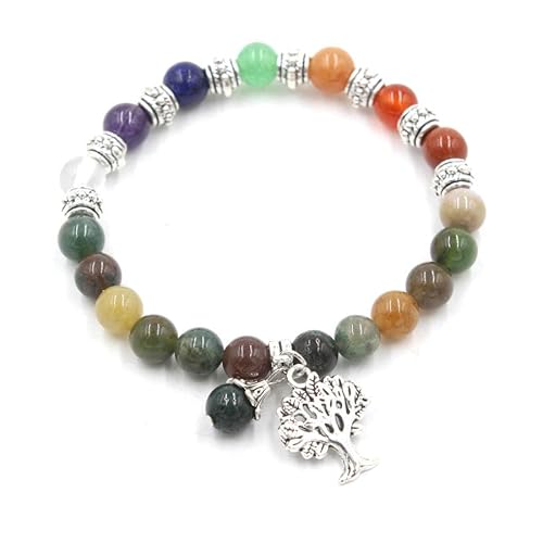 YOPI Armband mit 9 mm großen Perlen aus sieben Kristallsteinen und Lebensbaum-Anhänger – Schmuck mit heilender Energie for Achtsamkeit und Ausgeglichenheit(Indianagate) von YOPI