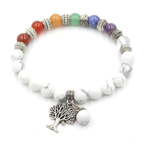 YOPI Armband mit 9 mm großen Perlen aus sieben Kristallsteinen und Lebensbaum-Anhänger – Schmuck mit heilender Energie for Achtsamkeit und Ausgeglichenheit(Whitepinestone) von YOPI