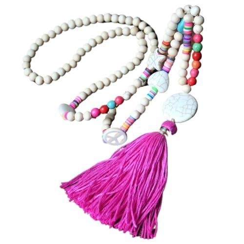 YOPI Böhmische Halskette mit Quaste aus Holzperlen for Damen – Kreuz-Anhänger in Pfirsich-Türkis(Rose red) von YOPI
