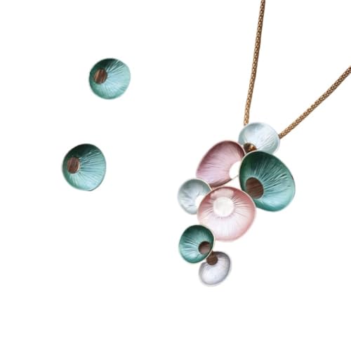 YOPI Emailliertes Set mit hohlen, runden Blütenblatt-Ohrringen und Halskette – Damenschmuck mit floralem Anhänger(Militarygreen) von YOPI