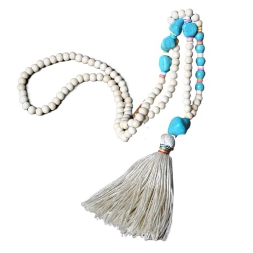 YOPI Fransen-Halskette mit weißen Holzperlen for Damen, Boho-Kette aus weicher Keramik mit türkisfarbenen Perlen(Weiß) von YOPI