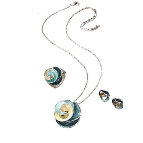 YOPI Geometrisches Emaille-Schmuckset mit Rosenmotiv – Damen-Set mit floralen Ohrringen, Ring und Halskette(PeacockBlue) von YOPI