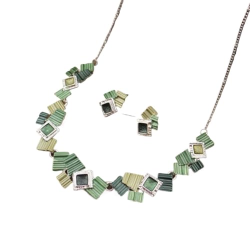 YOPI Geometrisches quadratisches Set aus Ohrringen und Halskette for Damen – Stilvoller Schmuck im Ölgemälde-Design(Green) von YOPI