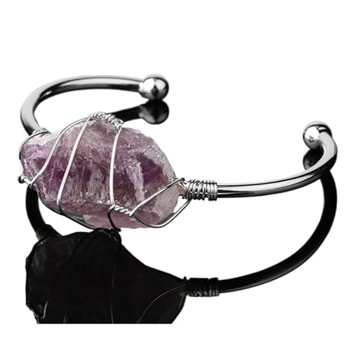 YOPI Großes Wickelarmband mit unregelmäßigem Kristall – einzigartiges Schmuck-Öffnungsarmband aus Kristall for Damen(Silver-Amethyst) von YOPI