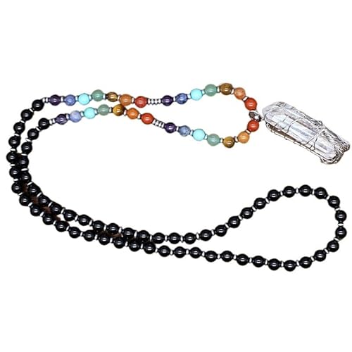 YOPI Halskette mit Anhänger „Lebensbaum“ in Kristallsäule for Damen – Schmuck aus weißen Kristallperlen mit runden Perlen(Obsidian) von YOPI