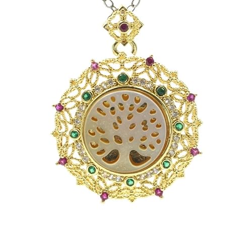 YOPI Halskette mit geometrischem Anhänger in Form eines Lebensbaums und weißen Muscheln mit Strass für Damen, One Size von YOPI