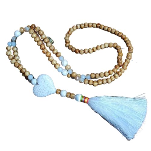 YOPI Handgefertigte türkisfarbene Holzperlenkette for Damen | Lange Pulloverkette mit Quaste | Kreuz-Design(N2251Love) von YOPI