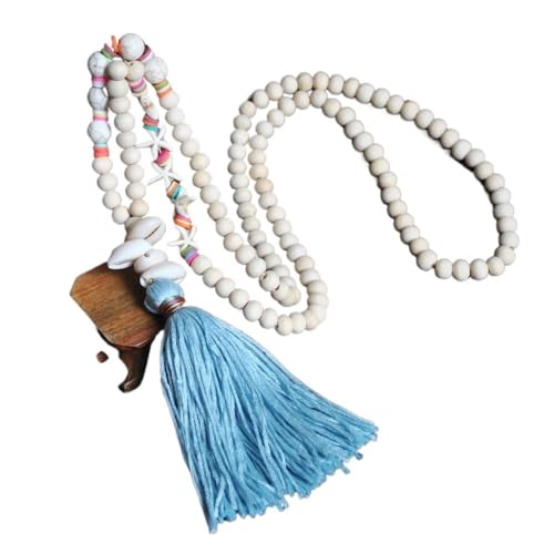 YOPI Handgefertigte türkisfarbene Holzperlenkette for Damen | Lange Pulloverkette mit Quaste | Kreuz-Design(N2348) von YOPI