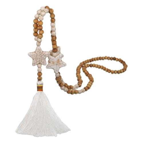 YOPI Handgemachte Halskette mit weißen Quasten aus Holzperlen und fünfzackigem Stern for Damen, Pulloverkette, Langer Anhänger von YOPI