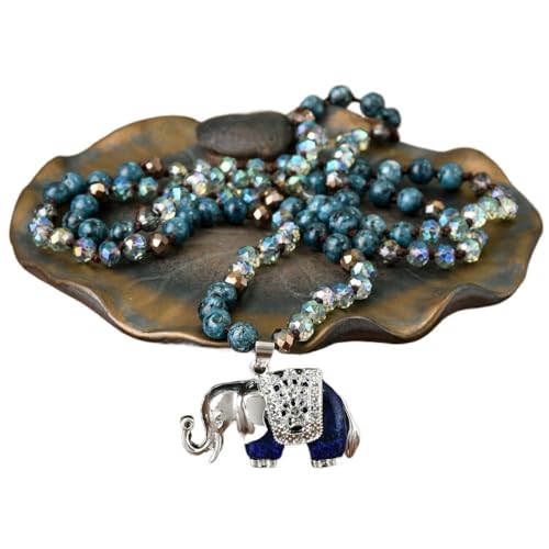 YOPI Handgemachte Lange Halskette mit Elefanten-Kristallknoten – Retro-Wollkette aus blauem Apatit for Damen und Herren(LapisLapis) von YOPI