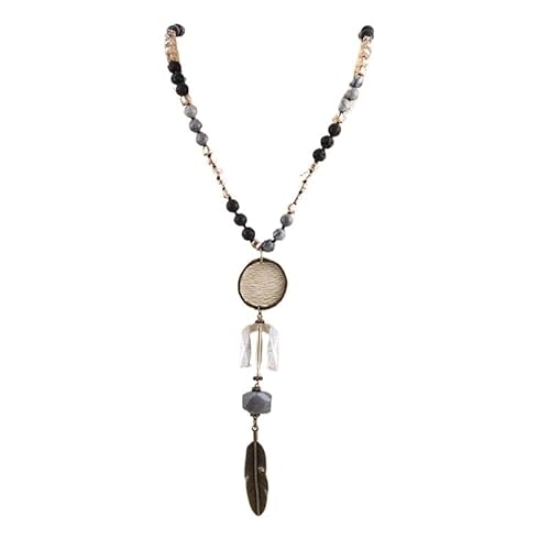 YOPI Handgemachte Lange Halskette mit Federanhänger for Damen – Pulloverkette aus Naturstein und Glas(Color2) von YOPI