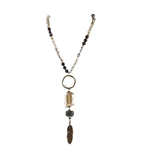YOPI Handgemachte Lange Halskette mit Federanhänger for Damen – Pulloverkette aus Naturstein und Glas(Color4) von YOPI
