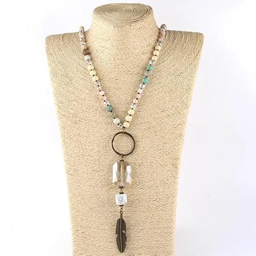 YOPI Handgemachte Lange Halskette mit Federanhänger for Damen – Pulloverkette aus Naturstein und Glas(Color6) von YOPI