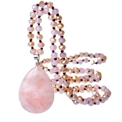 YOPI Handgemachte Lange Halskette mit rosa Kristalltropfen-Anhänger | Perlenknoten-Wollkette for Damen von YOPI