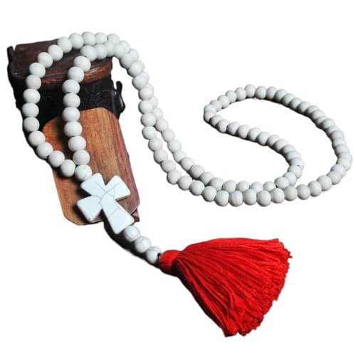 YOPI Handgemachte Lange dekorative Halskette for Frauen - weiße Holzperlen Quaste Kreuz Pullover Kette(Rot) von YOPI