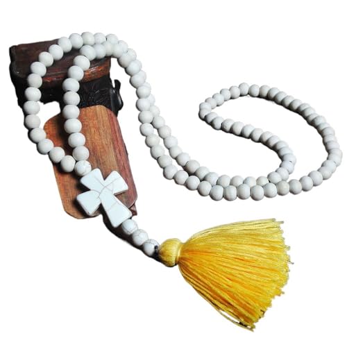 YOPI Handgemachte Lange dekorative Halskette for Frauen - weiße Holzperlen Quaste Kreuz Pullover Kette(Yellow) von YOPI