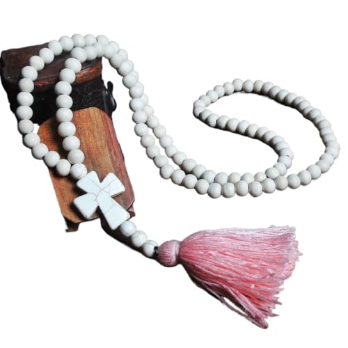 YOPI Handgemachte Lange dekorative Halskette for Frauen - weiße Holzperlen Quaste Kreuz Pullover Kette(pink) von YOPI