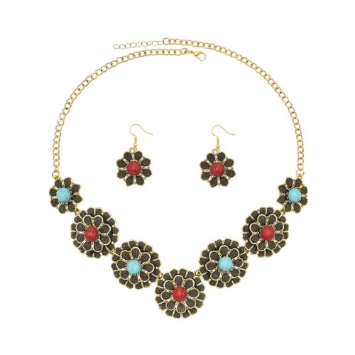 YOPI Imitation Türkis Blume Halskette und Ohrringe Set Legierung Ethno-Stil Retro-Schmuck for Frauen(Gold) von YOPI