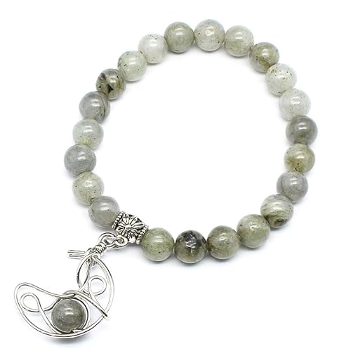 YOPI Naturstein-Armband mit runden Perlen und 8 mm Kristallen – hohles Mond-Armband aus weißem Kristall for Damen(Labradorite) von YOPI