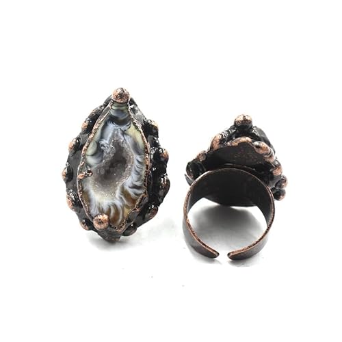 YOPI Offener Vintage-Ring aus Fluorit und Türkis | Retro-Steinkristallschmuck for Frauen(03agategeode) von YOPI