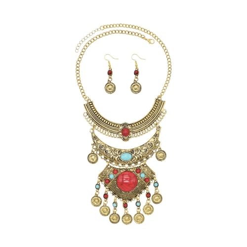 YOPI Retro-Set aus mehrschichtigen Ohrringen und Halsketten mit Quasten in Türkis-Imitation for den Bohème-Stil(Gold) von YOPI