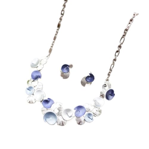 YOPI Set aus Halskette und Ohrsteckern mit geometrischem Blütenblatt for Damen – Elegantes Ölgemälde-Design(Blue) von YOPI