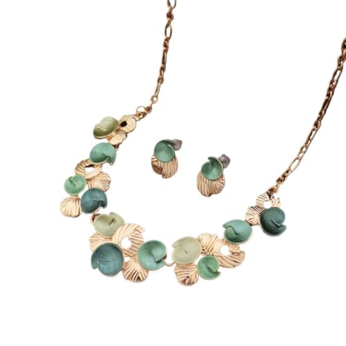 YOPI Set aus Halskette und Ohrsteckern mit geometrischem Blütenblatt for Damen – Elegantes Ölgemälde-Design(Green) von YOPI